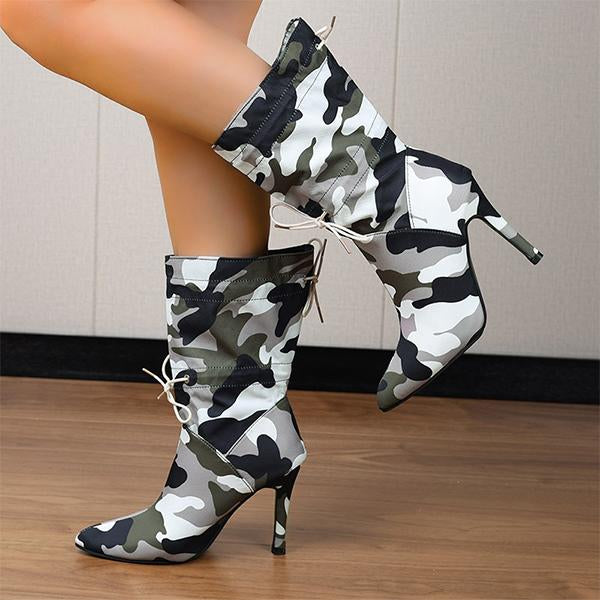Women's Fashionable Mid-calf Camouflage Stiletto Boots 38283548S