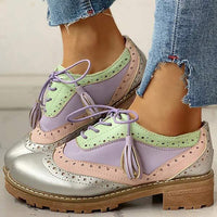 Women's Low Heel Color-Blocked Front Lace-Up Vintage Single Shoes 70004941C