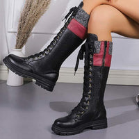 Women's Round-Toe Chunky Heel Long Boots with Knitted Cuffs and Side Zipper 68709425C
