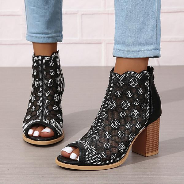 Women's Fashionable Rhinestone Mesh Thick Heel Sandals 15882424S