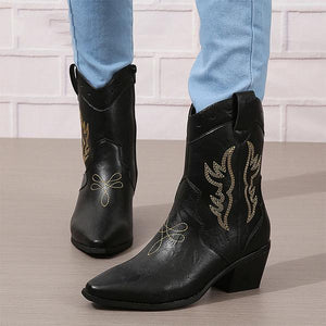 Women's Fashionable Embroidered Carved Block Heel Low Boots 70725632S