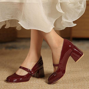 Women's Retro Red Round Toe Block Heel Mary Jane Shoes 20224537C