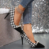 Women's Fashionable Houndstooth Pearl Stiletto Heel Pumps 19311045S
