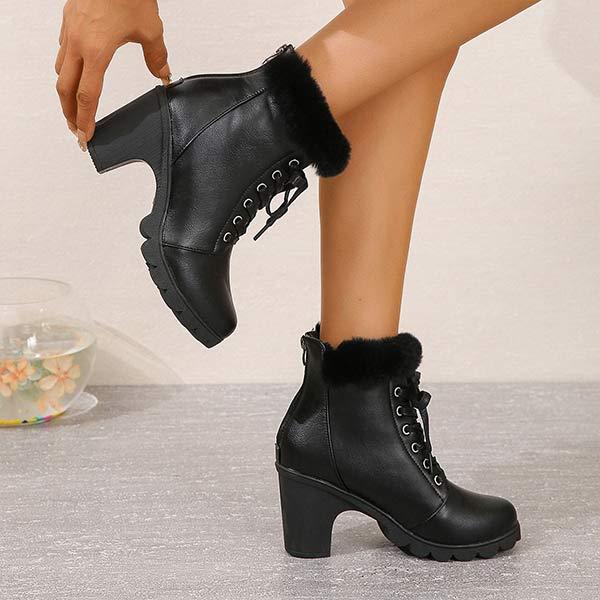 Women's Round-Toe Chunky Heel Lace-Up Faux Fur Ankle Boots 36173194C