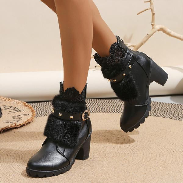 Women's Fashionable Lace Belt Buckle Block Heel Ankle Boots 18273096S