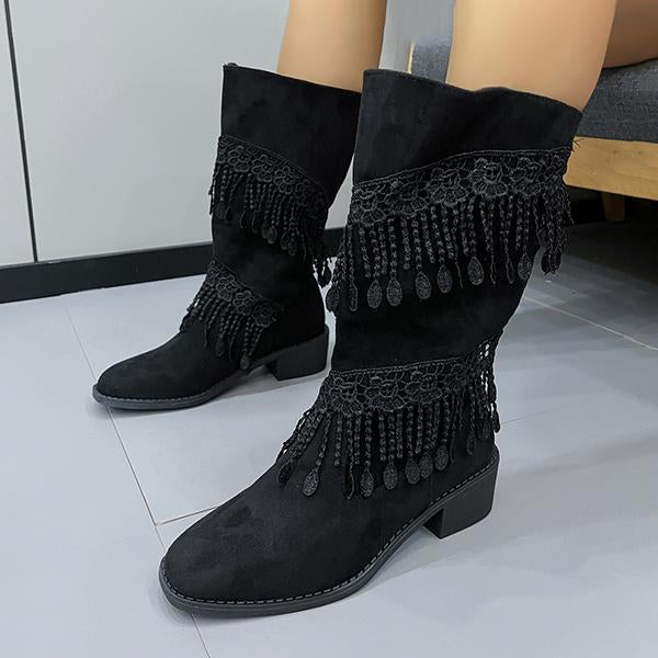 Women's Casual Tassel Boots Thick Heel Retro Western Boots 73718857S