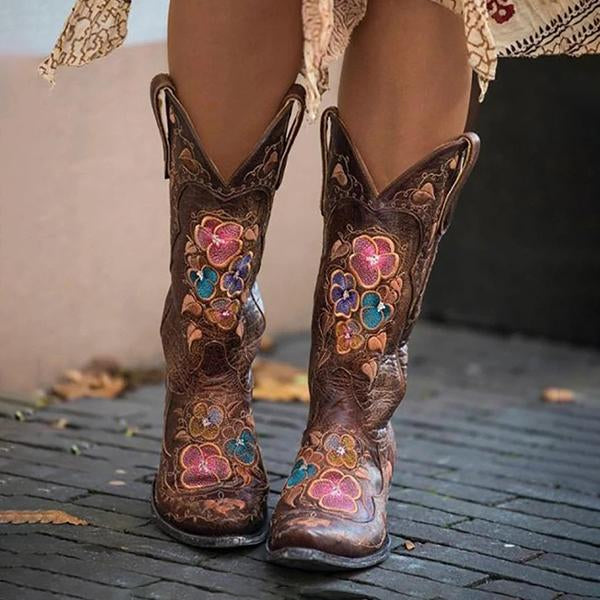 Women's Vintage Embroidered Flower Mid Boots 16060516S