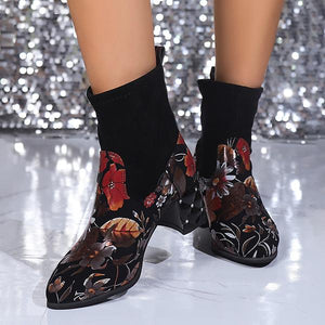 Women's Fashionable Ethnic Pattern Block Heel Ankle Boots 94379407S