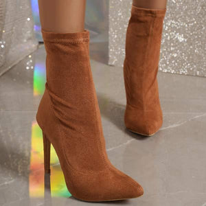 Women's Pointed-Toe Sock-Style Stiletto Boots in Suede 86356839C