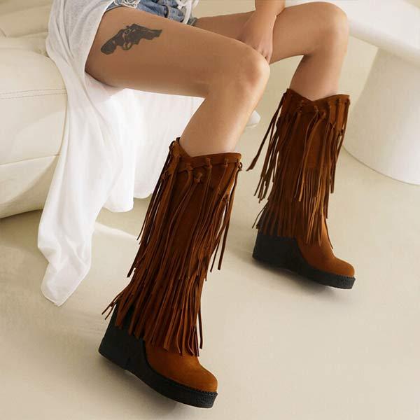 Women's Suede Knee-High Fringe Boots with Waterproof Platform and Western Heel 29788305C