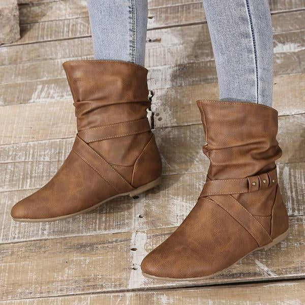 Women's Casual Round Toe Pleat Flat Short Boots 93560868S