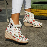 Women's Christmas Pattern Furry Wedge Cotton Shoes 00338968S