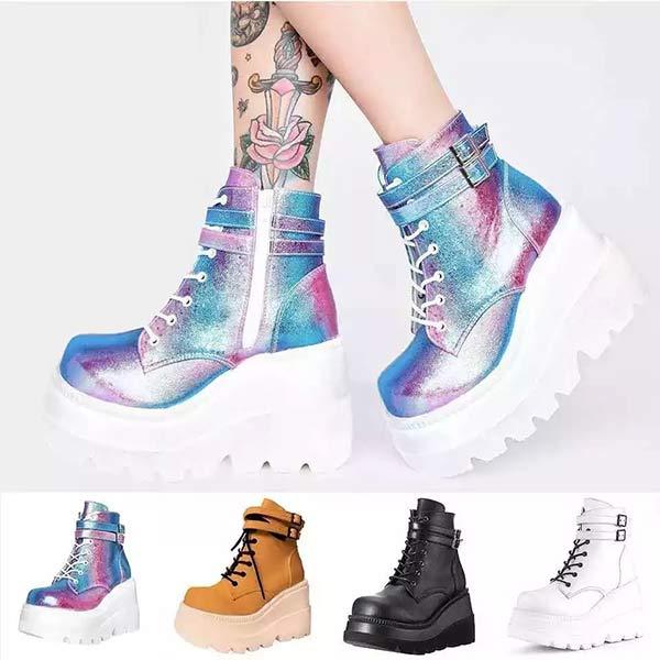 Women's Platform Thick Sole Colorful Wedge Buckle Strap Gothic Boots 40346590C