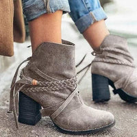 Women's Vintage Round Toe Chunky Heel Fringed Ankle Boots 38661366C