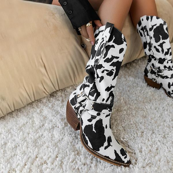 Women's Fashion Retro Cow Pattern Mid-calf Boots 86733591S