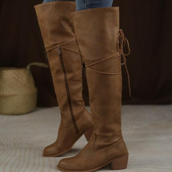 Women's Retro Lace-Up Chunky Heel Over-the-Knee Boots 72203895S