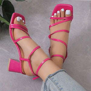 Women's Square Toe Thin Strap Buckle Chunky Heel Sandals 06480096C