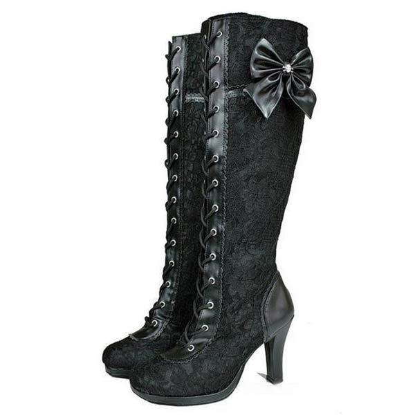 Women's Lace Knee-High Boots with Bow Embellishment 27981943C