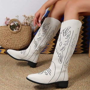 Women's Vintage Embroidered Mid-Heel Knee-High Riding Boots 69568789C