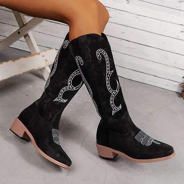 Women's Fashionable Casual Embroidered Thick Heel Knee-High Boots 00018953S