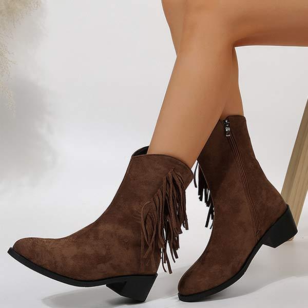 Women's Western Cowboy Short Boots with Fringe Detail and Chunky Heel 80347140C