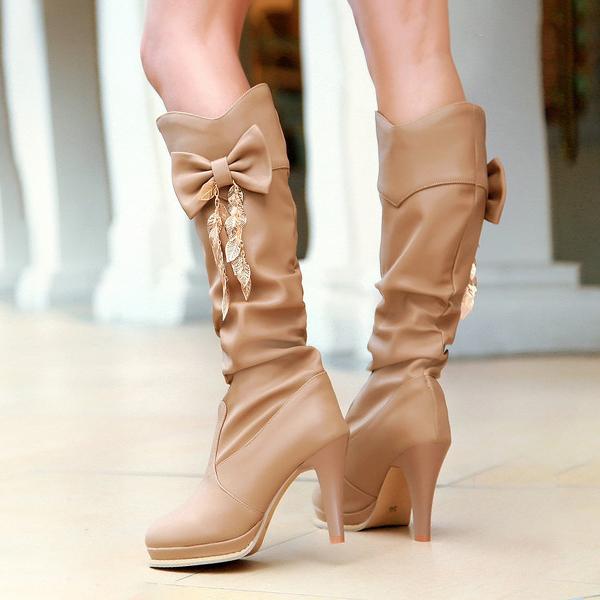 Women's Casual Bow Tassel Stiletto Heel Knee-High Boots 12807024S