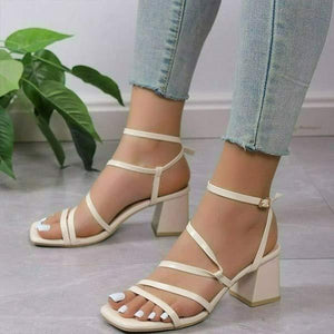 Women's Square Toe Thin Strap Buckle Chunky Heel Sandals 06480096C