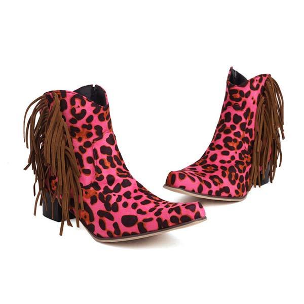 Women's Thick Heel Western Cowboy Boots Leopard Print Fringed Ankle Boots 80793402C
