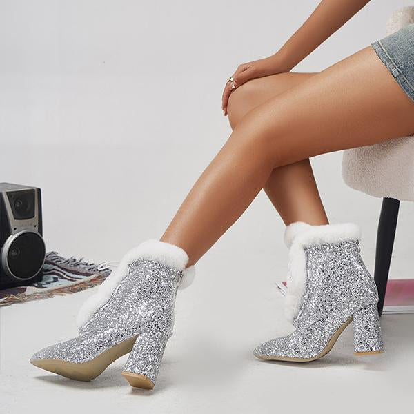 Women's Fashionable Sequined Plush Block Heel Ankle Boots 86135112S