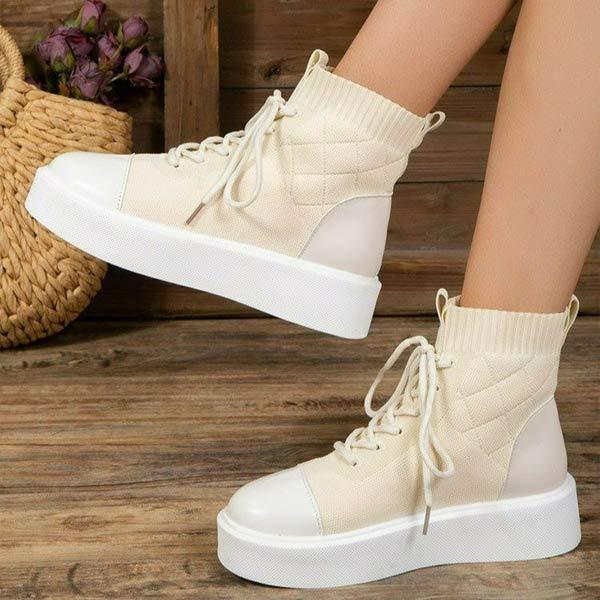 Women's High-Top Round Toe Platform Lace-Up Flying Woven Shoes 79606283C