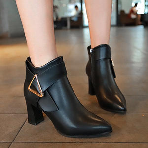 Women's Fashionable Belt Buckle Thick Heel Pointed Toe Boots 37540149S