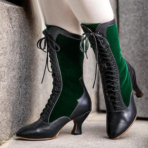 Women's Retro Strap Color Block Kitten Heel Mid-calf Boots 36127155S