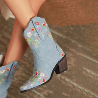 Women's Retro Denim Embroidered Flower Chunky Heel Boots 58308625C