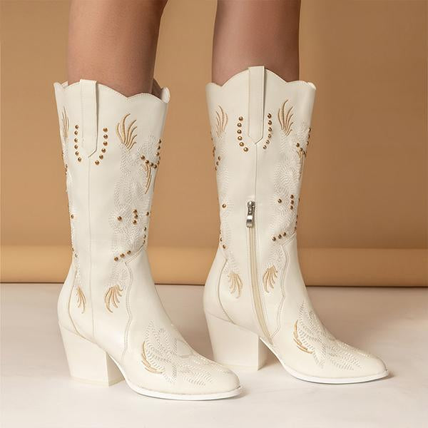 Women's Rivet Embroidered Mid-calf Rider Western Boots 99025364S
