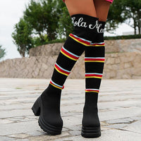 Women's Fashion Thick Sole Striped Stretch Over-the-Knee Boots 16597919S