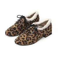 Women's Casual Suede Leopard Lace-Up Chunky Heels 14643153S