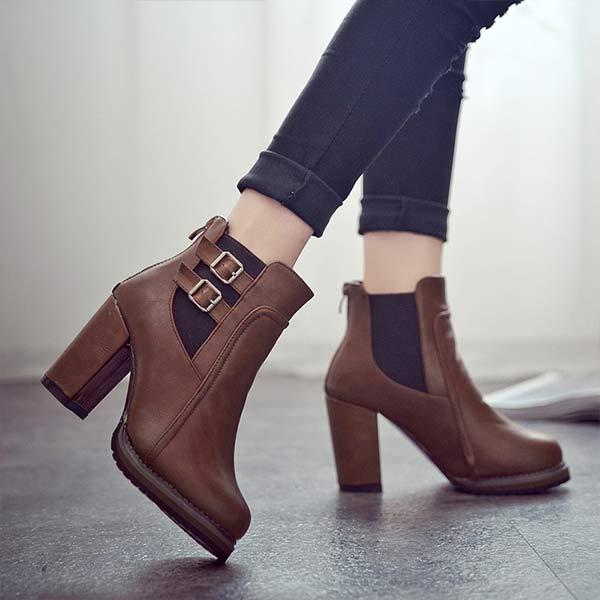 Women's Vintage Chunky Heel Ankle Boots with Belt Buckle Detail 60161971C