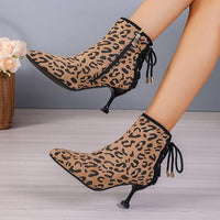 Women's Fashionable Leopard Print Lace-Up Stiletto Booties 87511637S