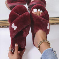 Women's Fur Slippers Cross Fur Butterfly Indoor Home Slippers 84227399C