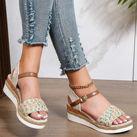 Women's Woven Straw One-Strap Buckled Wedge Sandals with Thick Sole 93654711C