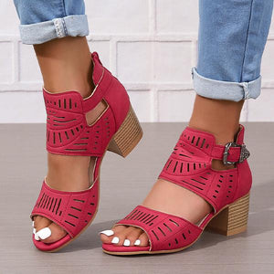 Women's Fashion Hollow Zipper Chunky Heel Sandals 89606513C