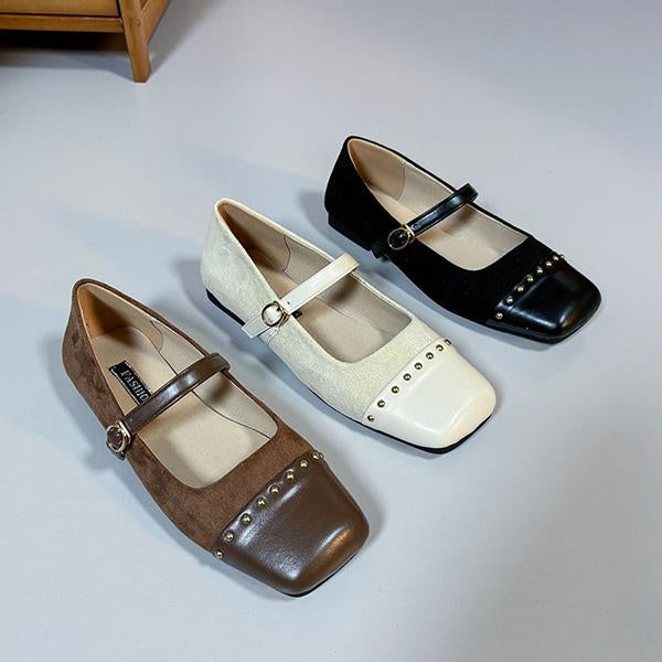 Women's Casual Rivet Buckle Square Toe Flat Shoes 57880759S