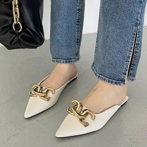 Women's Fashionable Pointed Toe Buckle Decorated Flat Slippers 33004057S