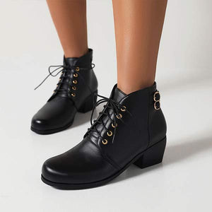 Women's Fashionable Mid-Heel Round Toe Front Lace-Up Ankle Boots 28046533C