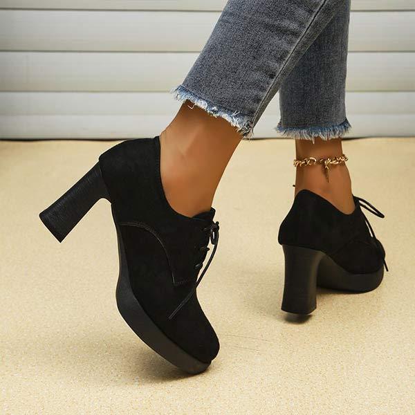 Women's Black Suede Chunky Heel High Heels with Front Tied 99310492C