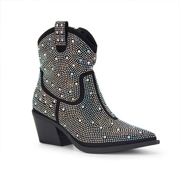 Women's Fashion Pointed Toe Chunky Heel High Heel Rhinestone Low Boots 89483686C