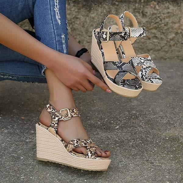 Women's Buckle Wedge Sandals with Snake Print and Thick Sole 54370794C