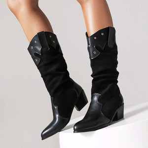 Women's Retro Spliced Thick Heel Western Boots 59913267S