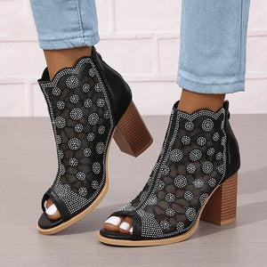 Women's Fashionable Rhinestone Mesh Thick Heel Sandals 15882424S
