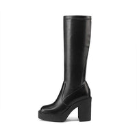 Women's Waterproof Platform Chunky High Heel Mid-Calf Elastic Microfiber Boots 39944305C